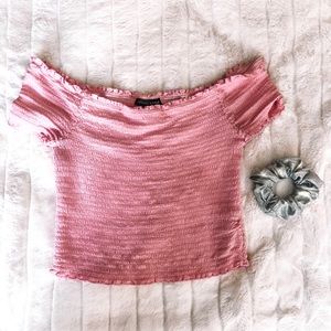 smocked off the shoulder top + scrunchie